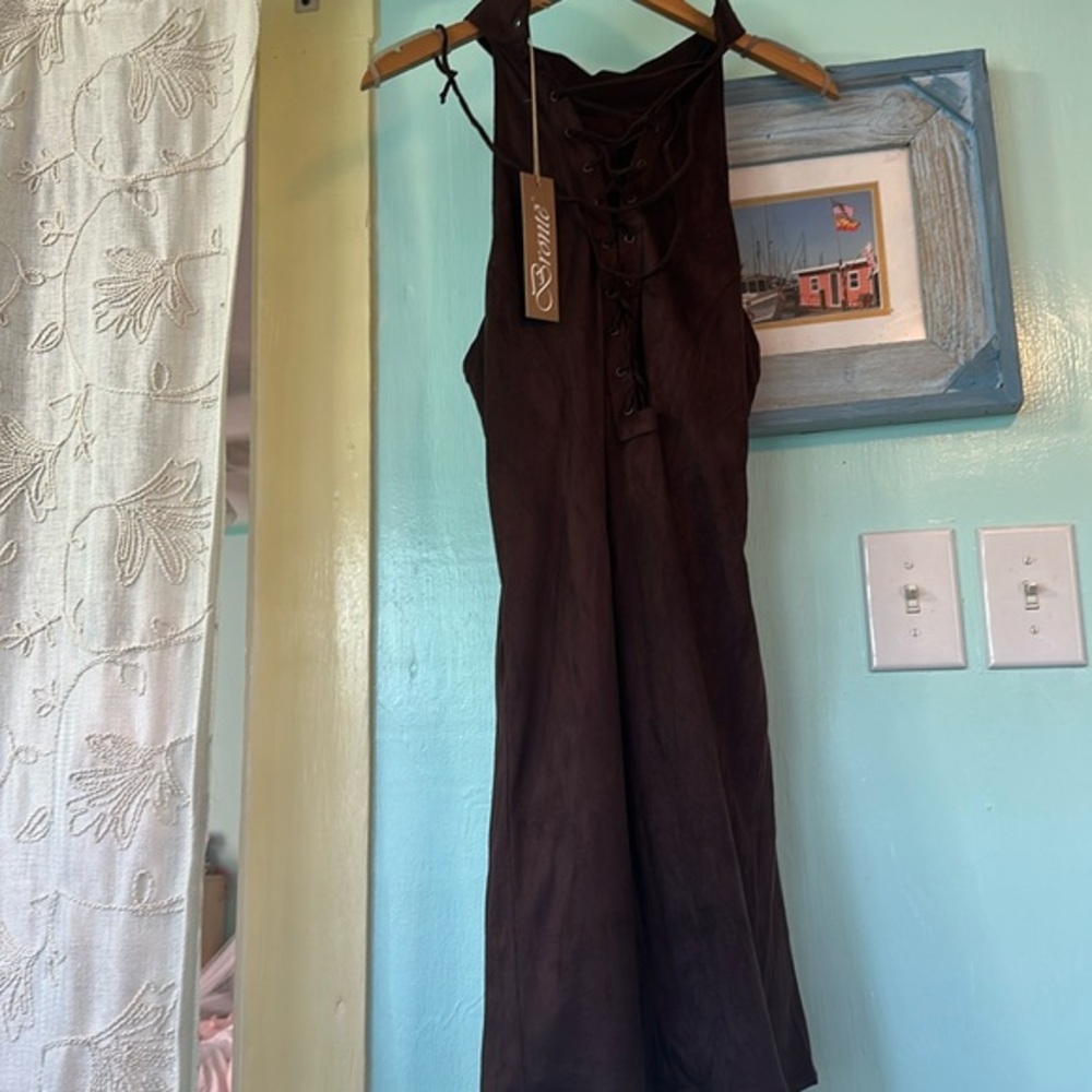 Brown Suede Collared Lace Up Dress